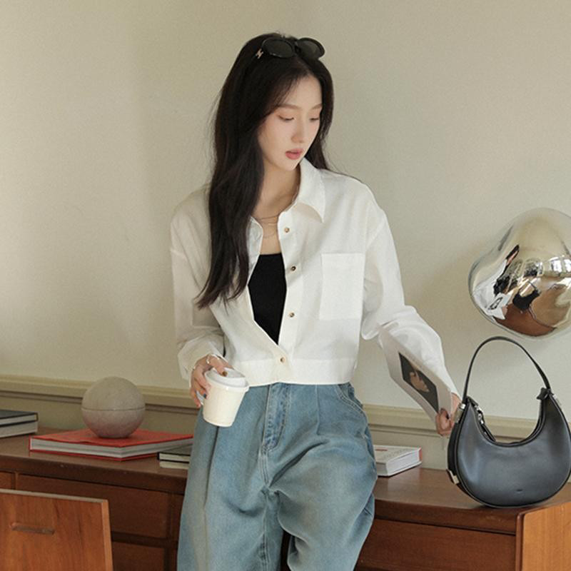 Kanos_shop | Áo sơ mi dài tay màu trắng phong cách Hàn Quốc dành cho nữ