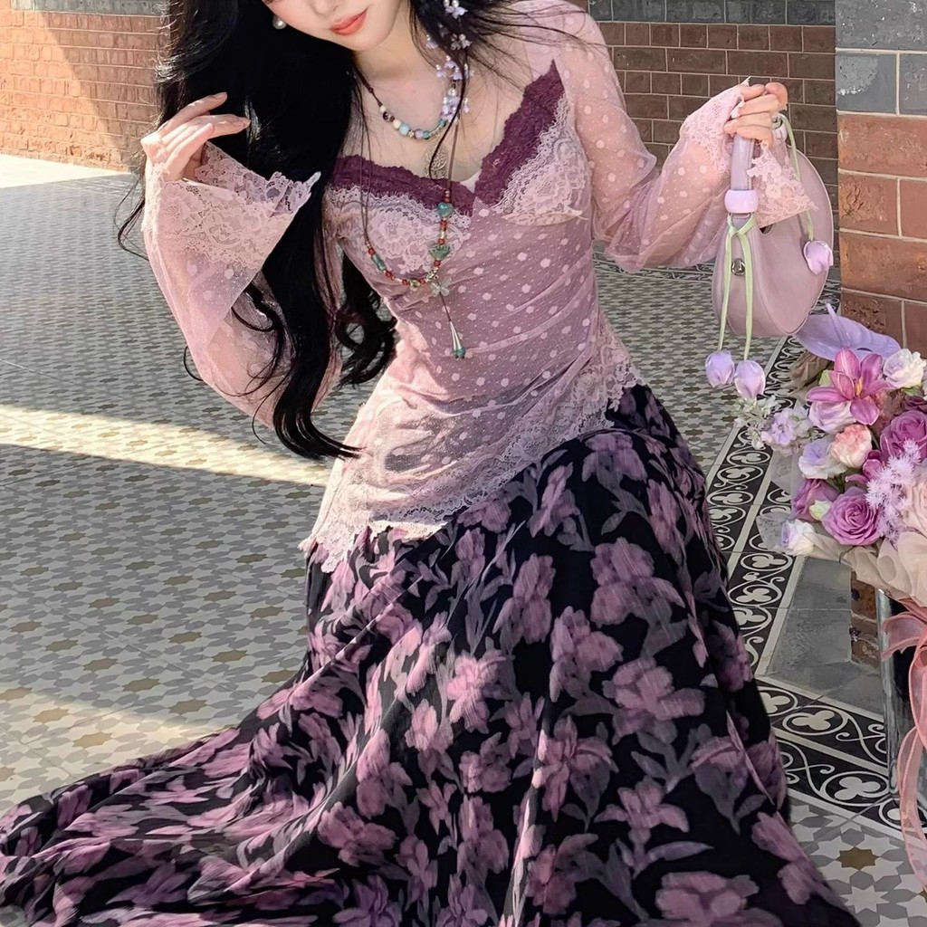 Pure Desire Style Bộ đồ gợi cảm Ren chấm bi Quần áo nữ hai mảnh
