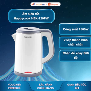 Ấm siêu tốc Happycook HEK-120PW - 2 lớp chống nóng - Bảo hành chính hãng 12 tháng