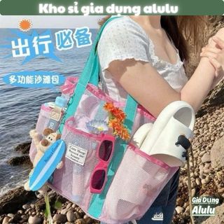 Túi Lưới Đựng Đồ Đi Biển 7 Ngăn Đa Năng, Túi Tote Lưới Đi Bơi Du Lịch Đựng Đồ Bơi Kính Dép, Túi Xách Lưới Chống Cát