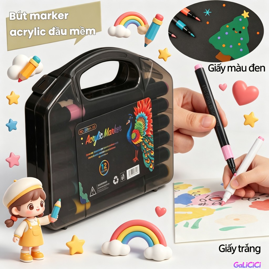 Bộ Bút Dạ Acrylic Đầu Mềm Không Độc Hại Có Thể Giặt Được An Toàn - Dụng Cụ Vẽ Tranh Mỹ Thuật Thủ Công DIY Cho Bé Học Tập