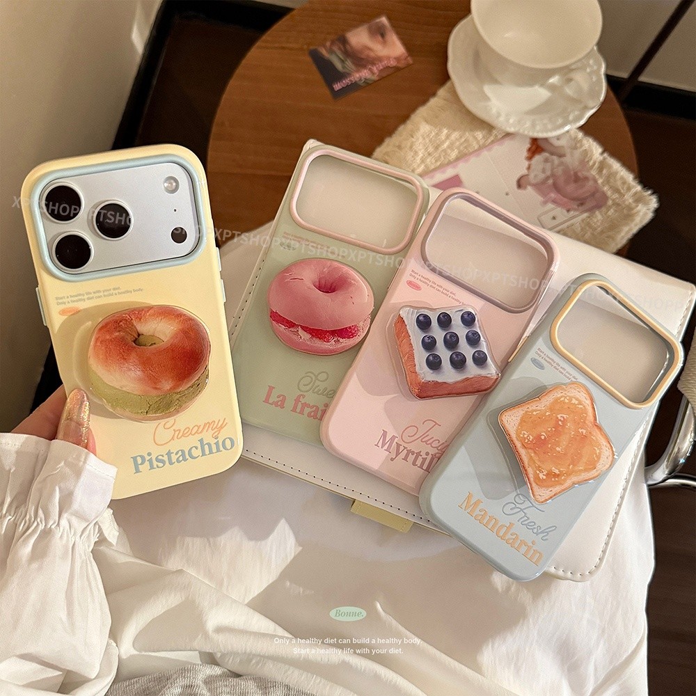 Ốp điện thoại giá đỡ bánh mì trái cây đầy màu sắc cho iPhone 17 Pro Max 16 15 14 13 Vỏ bảo vệ chống sốc