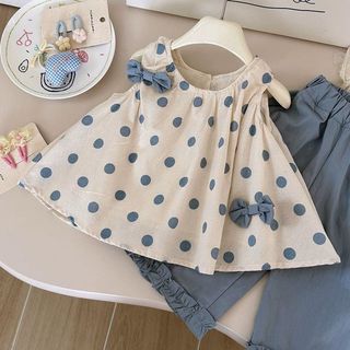 Bộ đồ bé gái mùa hè chấm bi - Áo sát nách đính nơ phối quần ống rộng thời trang dễ thương
