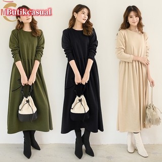 Váy một mảnh dài tay mùa thu đông cho bé gái Váy chui đầu dài xoay lớn phiên bản Váy một mảnh hẹp phong cách Nhật Bản Váy dài dáng rộng sàn @ -