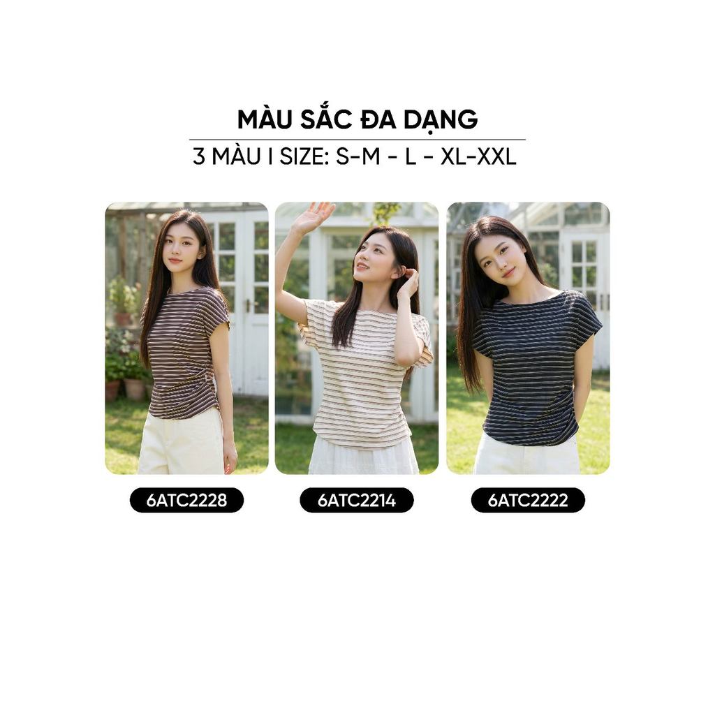 Áo thun nữ CARDINA Cotton thun kẻ tay liền cổ thuyền xếp ly eo 6ATC22
