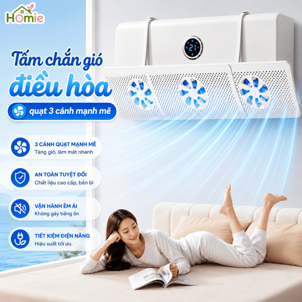 Tấm Chắn Gió Điều Hòa ABS 3 Cánh Quạt Thế Hệ Mới Xoay 180 Độ HOMIE Kéo Giãn 52-86cm Cản Gió Máy Lạnh