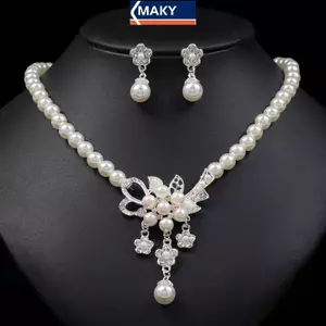 MAKY 1 Bộ Nữ Nelace Đính Hạt Bóng Ngọc Trai Giả Kim Cương Giả Nhúng Hoa Cô Dâu Nelace Bông Tai Bộ VN