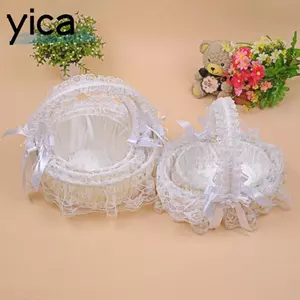 Giỏ đan cầm tay YICA, Giỏ hoa cưới 3 kích cỡ dệt bằng tre, Giỏ hoa ren trắng chất lượng cao