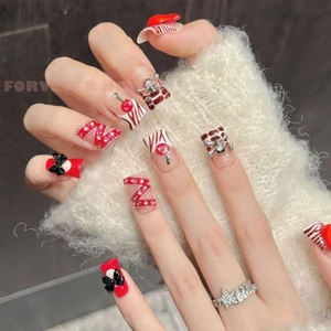 10 Chiếc Móng Tay Giả Mỏ Vịt Ngắn Có Môi Đỏ Thiết Kế Nơ Anh Đào Cho Lễ Hội Tiệc