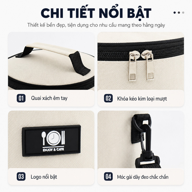 Túi giữ nhiệt hộp cơm văn phòng 3 lớp dày dặn, chống nước chống xước, có quai xách tiện lợi, giữ cơm nóng suốt ngày