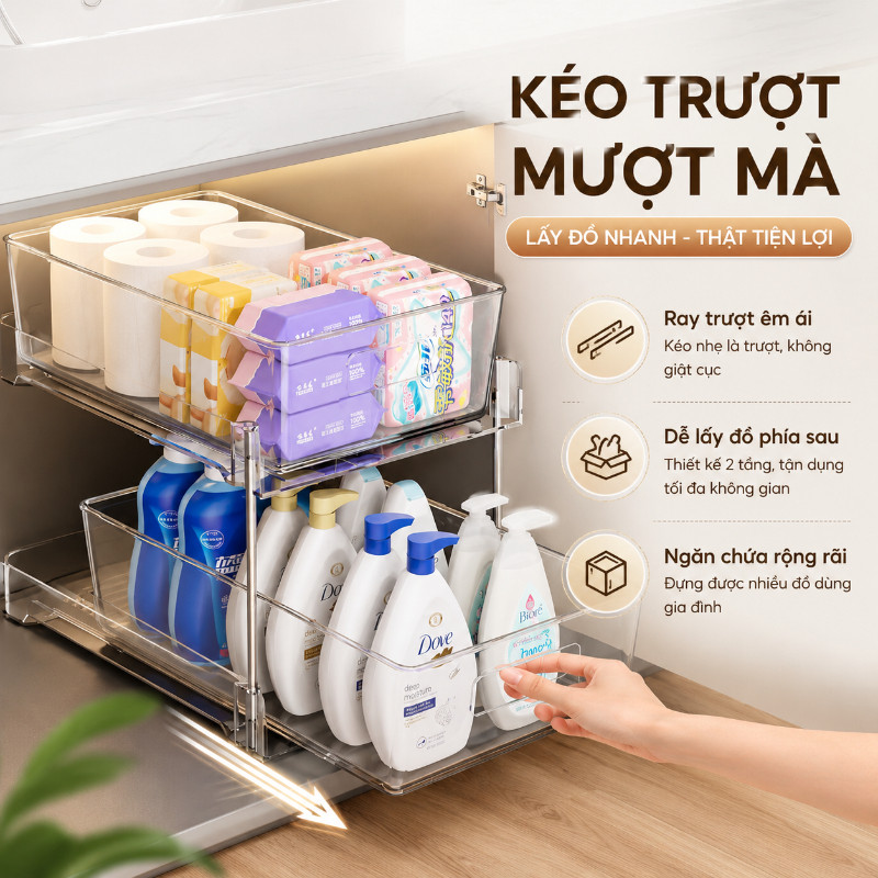 Kệ Rổ Kéo Trong Suốt 2/3 Tầng, Giá Để Đồ Dưới Bồn Rửa Tủ Bếp Phòng Tắm, Nhựa Cao Cấp