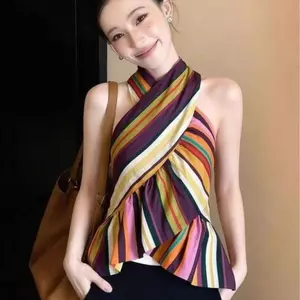 Nhẹ nhàng sang trọng cao cấp Giảm tuổi phong cách phương Tây Thiết kế thích hợp Dây màu tương phản Áo sơ mi sọc nữ