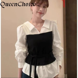 S-2XL Nữ Thời Trang Chắp Vá Áo Sơ Mi Nữ Tay Dài Công Sở Nữ Làm Việc Rời Top Áo Sơ Mi