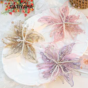 CATIYAHA Organza Miếng Dán Hoa, Lông Vũ Pha Lê Hoa DIY May Đề Can, Vintage Dây Xoắn Nhiều Lớp Handmade Đính Miếng Dán Corsage Phụ Kiện