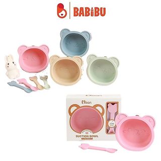 Bát gấu kèm thìa silicon thương hiệu Misan, có đế hít chống đổ cho bé