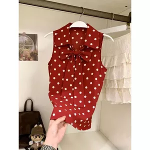 Milyfashion Sweetheart Đỏ Chấm Bi Áo Sơ Mi Không Tay Mùa Hè Phong Cách Mới Thắt Nơ Thời Trang Đi Lại Giảm Tuổi Hàng Đầu ZURS