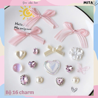 Bộ 16 Sticker, Charm 3D chủ đề Nơ voan ruby nhựa cứng gắn Dép Sục, Cá Sấu Mita JB-400