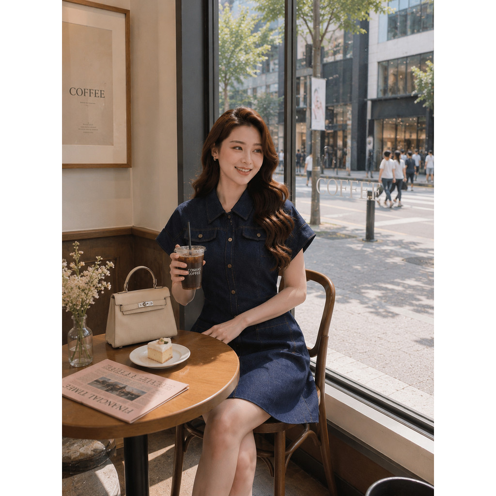 Đầm Denim nữ ELLA DORA thiết kế cúc đồng phối nắp túi form dáng ngắn thanh lịch màu XANH ĐẬM [D308]