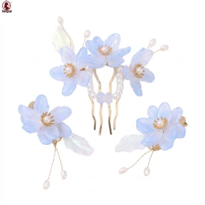 Bộ vương miện hoa giả men màu xanh có lược và kẹp Hợp kim kim kim loại cổ điển Hanfu Phụ kiện tóc cho trang phục truyền thống Trung Quốc Cosplay Chụp ảnh