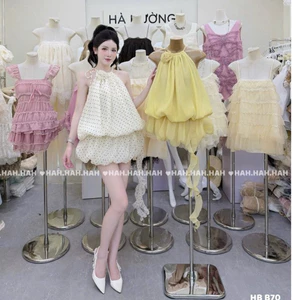 HBB70 Đầm tơ cổ yếm dây phối hoa dáng bồng ngắn trẻ trung tua rua Đồ lót bảo hộ BYJOLIE