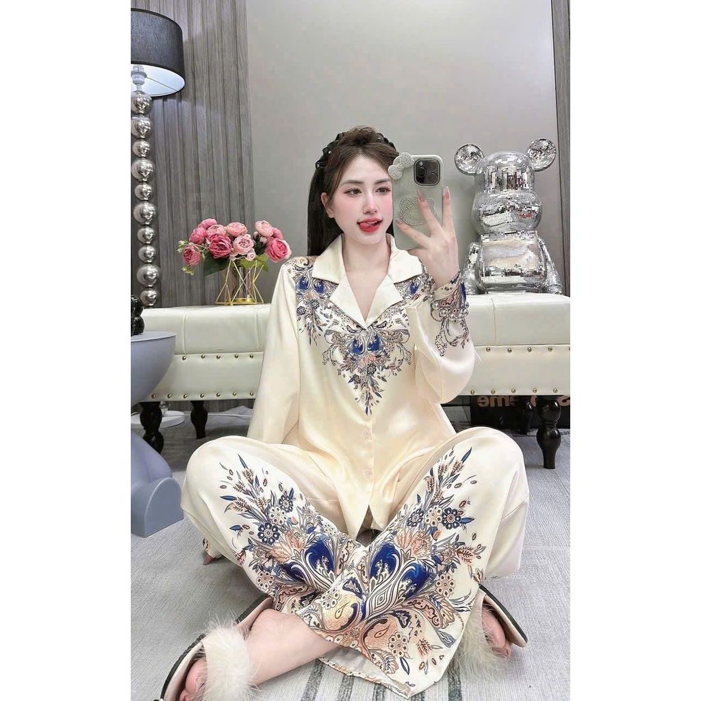 KKY Đồ Bộ Pijama Nữ Dài Màu Trơn Lụa Xước Ánh Kim Mềm Mịn Mát Pijama TT
