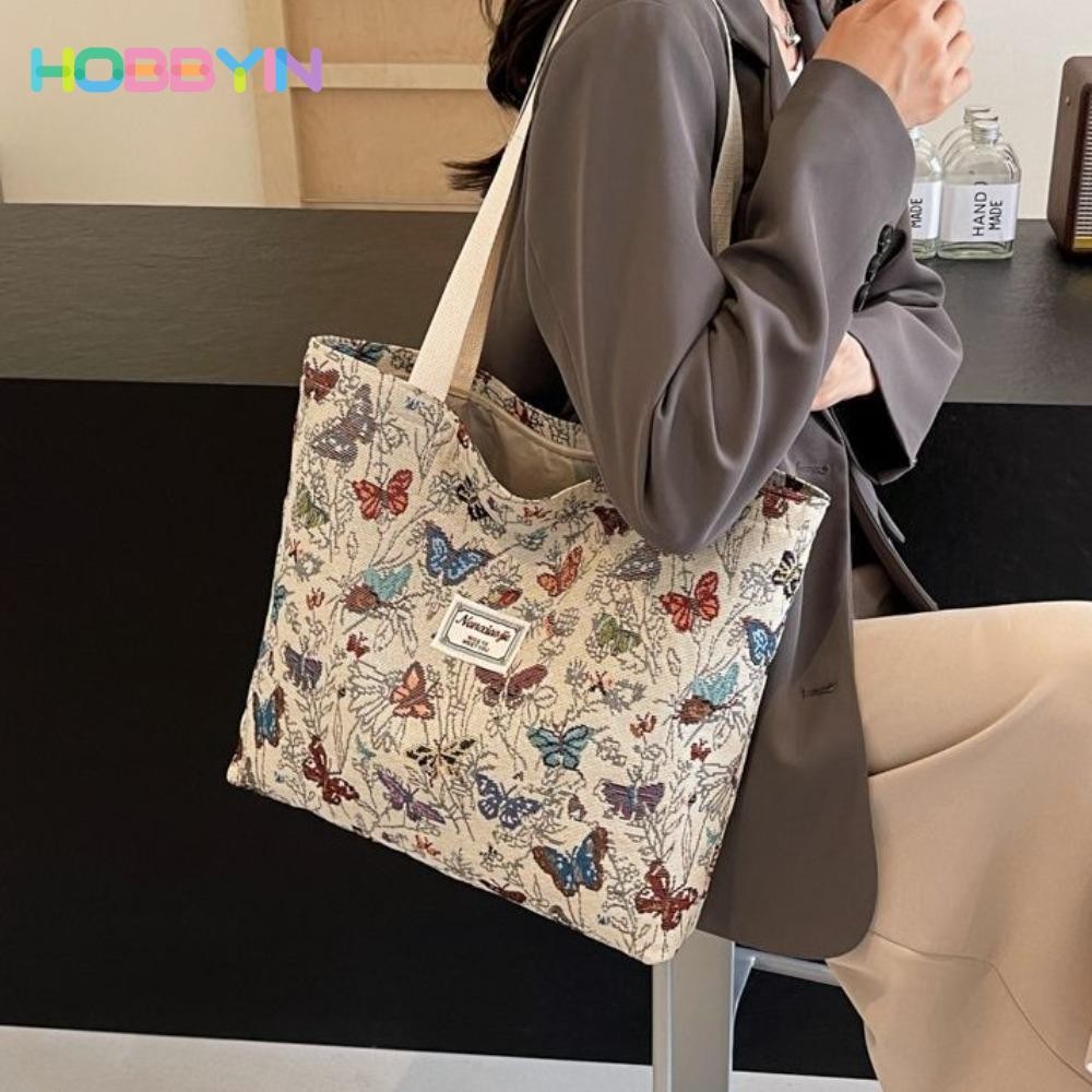 Túi đeo vai HOBBYIN, Túi Tote nữ dày bằng vải Canvas, Túi xách Jacquard in hoa bướm dung tích lớn thông thường