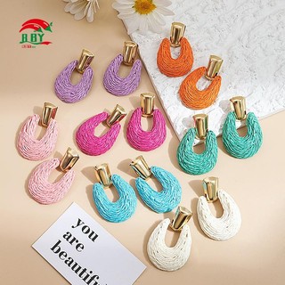 Bông tai vòng Raffia handmade dệt hình học đầy màu sắc, phù hợp cho mùa hè