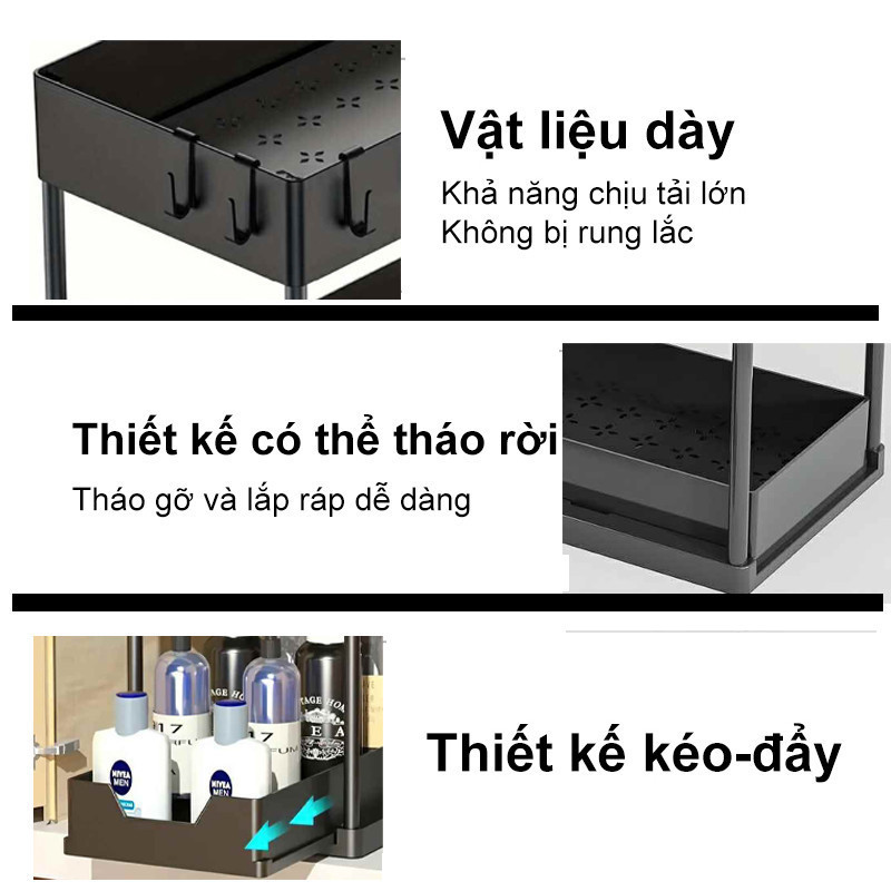 M6 Kệ Đựng Đồ Dưới Bồn Rửa Bát,Kệ Đựng Đồ 2 Tầng Khung Thép Carbon,Ngăn Chứa Có Thẻ Kéo Ra Tiện Lợi