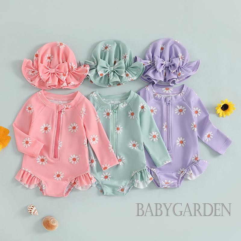 Đồ bơi một mảnh in hoa dài tay cho bé gái có mũ