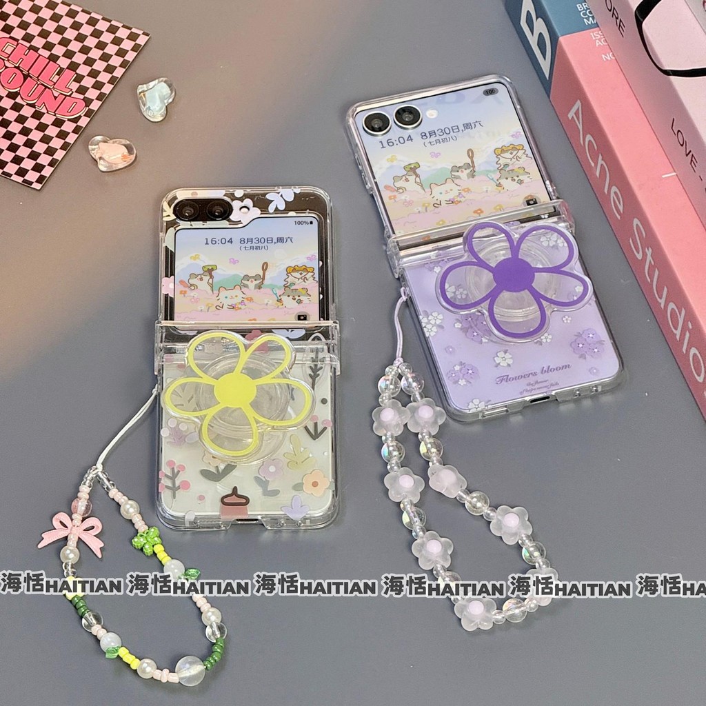 Thích Hợp Cho Samsung Galaxy ZFlip7 Thời Trang Màu Tím Trong Suốt Hoa Giá Đỡ Ốp Lưng Điện Thoại ZFlip5 Zflip6 Dây Gấp Vỏ Cho Zflip 7 5 6 4 5G Vỏ Bảo Vệ
