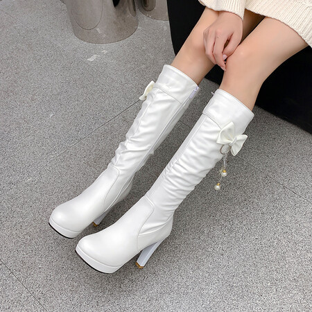 TMLH32-43 Kích Thước Lớn Kích Thước Nhỏ Mũi Tròn Cao Gót Thời Trang Phù Hợp Với Phong Cách Châu Âu Mỹ Giày Bốt Ngọc Trai Nơ Bên Dây Kéo Giày