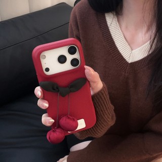 Ốp Điện Thoại Da PU Cứng Vải Lụa Hàn Quốc Nơ Anh Đào Cho iPhone 17 17Pro 17Promax 13 14 15 16 Pro Max Chống Sốc Nữ Điện Thoại Di Động