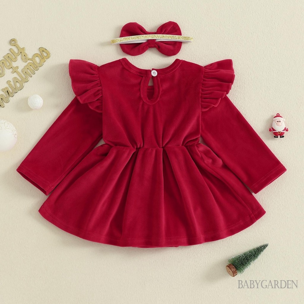 Bé Gái Trang Phục Giáng Sinh Chữ Ông Già Noel Thêu Tay Dài Cổ Tròn Romper Đầm + Nơ Băng Đô