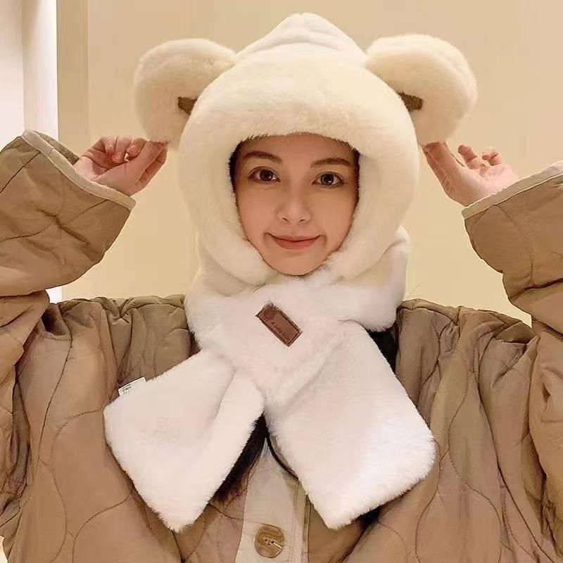 Mũ Trùm Đầu Tai Gấu Kèm Khăn Chất Liệu Lông Mềm Thời Trang Mùa Đông Cho Nữ.