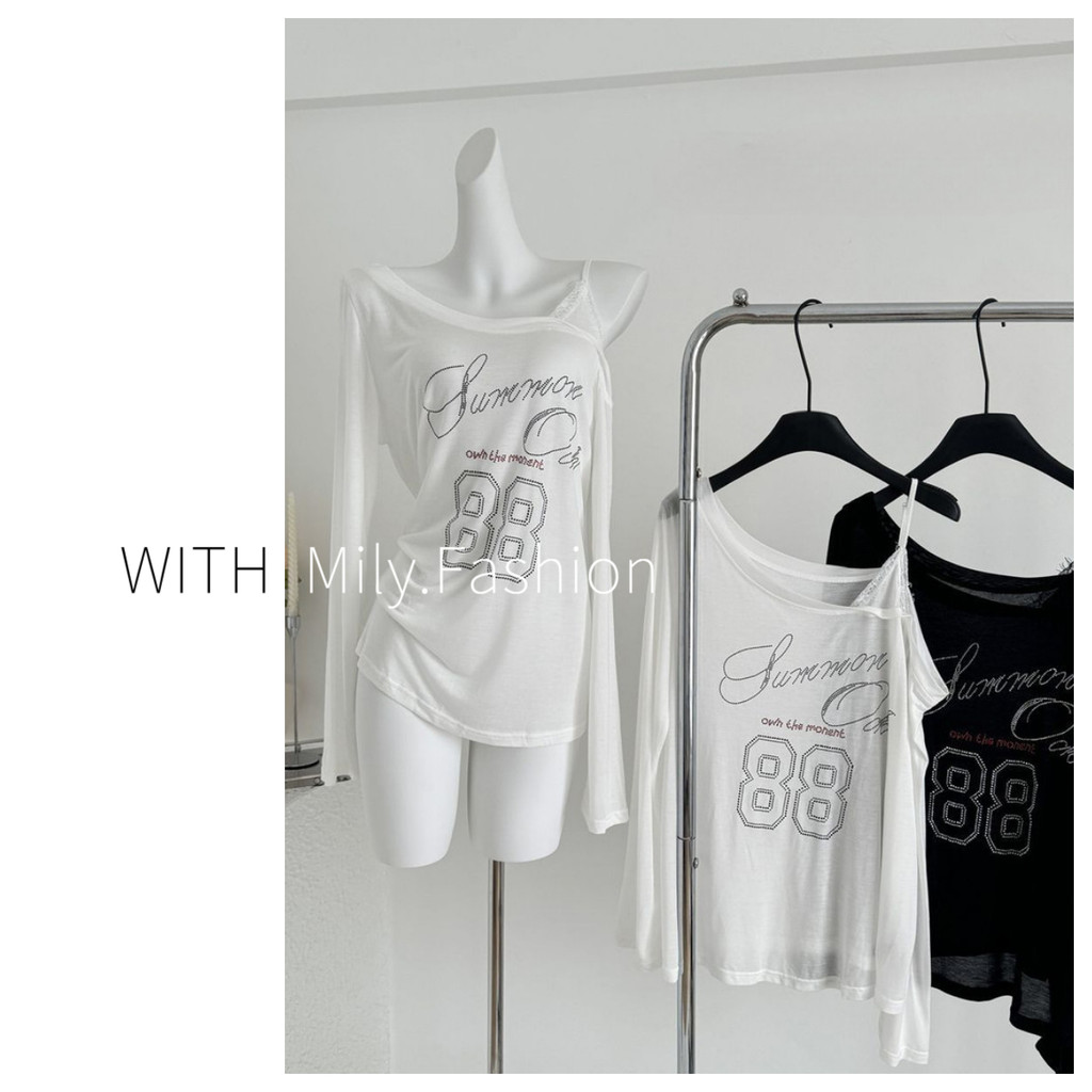 Milyfashion Niche Thiết Kế Thu Đông Phong Cách Mới Nóng Kim Cương Ren Khâu Tay Dài T Rời Mỏng Chống Nắng Top Quần Áo Nữ
