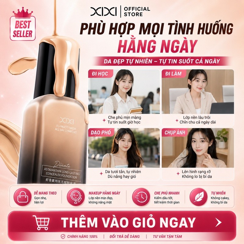 XIXI Kem Nền Lỏng Mỏng Nhẹ Che Phủ Tốt Kiềm Dầu Lâu Trôi Tự Nhiên Không Mốc Cho Da Dầu Mụn D906