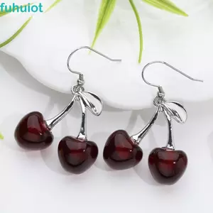 Bông tai anh đào FUHUIOT, Bông tai Dangle trang sức tai dễ thương, Bông tai trái cây bằng nhựa phóng đại thời trang mặc thường ngày