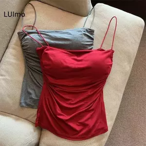 LUImo Gợi Cảm Chắc Chắn Xếp Ly Xe Tăng Camisole Nữ Mùa Hè Spaghetti Dây Không Tay Áo SBS