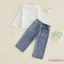 Trang phục bé gái mới biết đi Áo cổ tròn dài tay màu trơn + Bộ quần jean 2 món