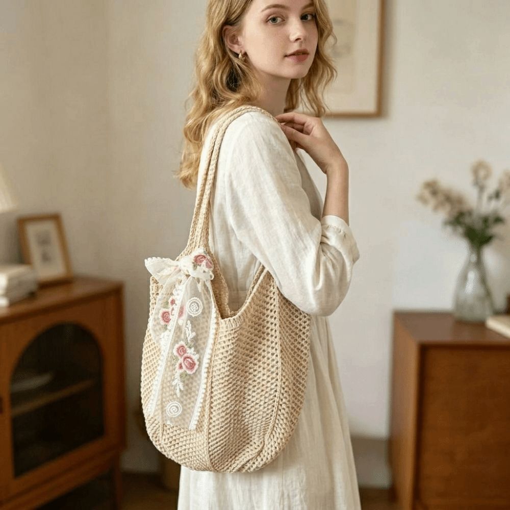 Túi đeo vai dệt kim FEDAOG, Phong cách Bohemian với nơ ren Túi đeo vai dệt, Túi Tote móc nhẹ dung tích lớn thông thường Túi đeo hàng ngày