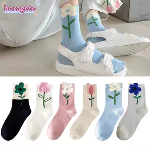 Tất ống giữa BORAGETE, Tất nữ màu kẹo hoa, Tất hoa Tulip hoạt hình bằng vải Cotton thoáng khí dành cho nữ