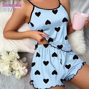 Bộ đồ ngủ BORAGETE, Quần short treo lụa băng Bộ đồ ngủ mỏng, Bộ đồ giải trí in hình trái tim màu hồng Bộ đồ ngủ đeo chéo thoải mái mùa hè
