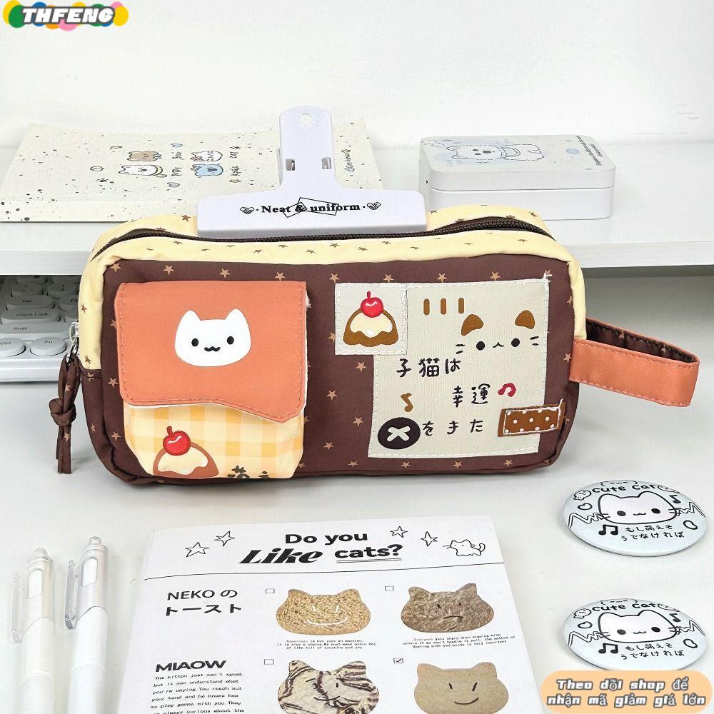 Bút Chì THFENG, Túi Đựng Bút Mèo Con Pudding Di Động, Dây Kéo Phong Cách Hàn Quốc Dung Tích Lớn Túi Văn Phòng Phẩm Quà Tặng