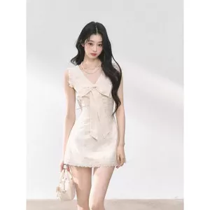 Đầm ren cổ chữ V đẹp mùa hè kiểu Pháp dành cho nữ mùa hè eo hẹp thon gọn hơn Váy ngắn nữ phong cách Hàn Quốc