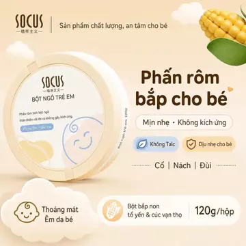 Phấn rôm sơ sinh SOCUS – 100% bột ngô, không bụi, không mùi, mát da. Thấm hút mồ hôi, chống hăm rôm