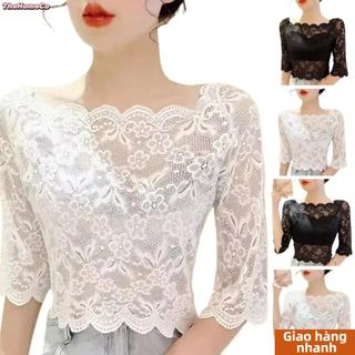 [Chất lượng cao] Áo crop top nữ THEHOMECO, Áo sơ mi nửa tay có cổ một chữ, Áo thun ren thêu thời trang dành cho nữ