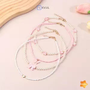 4 Cái / bộ Trang Sức Màu Hồng Tình Yêu Bướm Mặt Dây Chuyền Giả Ngọc Trai Hạt Gạo Handmade Đính Hạt Trẻ Em Nelace Người Bạn Quà Tặng Mới