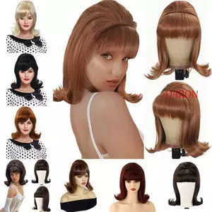 DARON Nữ Vintage Thời Kỳ Tóc Giả, Tổng Hợp Đen Ngắn Thẳng Tóc Giả Với Nổ Bằng Phẳng, Disco 16 inch Tóc Nối Dài Tự Nhiên Halloween Cosplay Tóc Giả Thanh Hộp Đêm