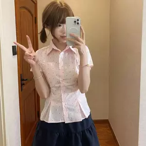 Phong cách Hàn Quốc Ngọt Ngào Slim-fit Hồng Chấm Bi Ve Áo Sơ Mi Tay Ngắn Nữ Xuân Hè Phong Cách Preppy Ôm Hơn Nhìn Tích Cực