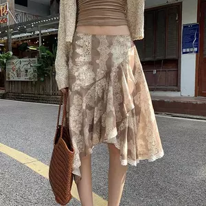 Váy chữ a hoa cổ điển Mùa hè Phong cách mới Ren không đều Ren hông quấn váy dài vừa phải